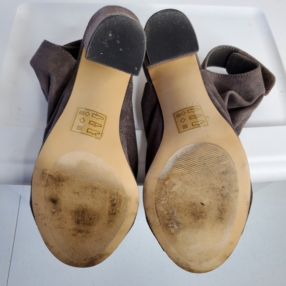 Aldo Suede Peep Toe Bootie Size 11 Gray Open Back Ankle Wrap Chunky Heel Shoe - Picture 9 of 15